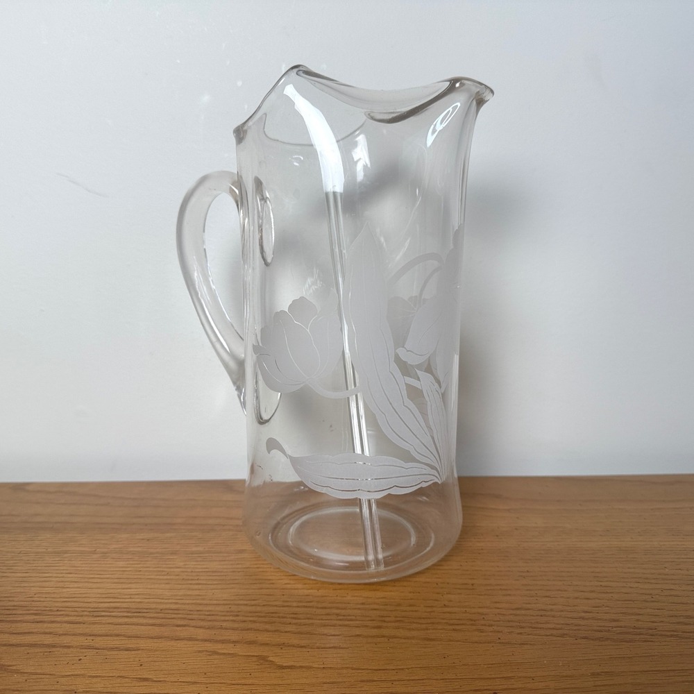 Vintage Frosted Glass Floral Tulip Lily Water Pitcher Clear Handled Carafe